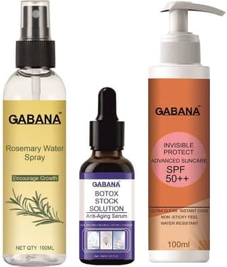 Gabana Beauty Natural Rosemary Water | Hair Spray For Regrowth 100ml, Botox Stock Solution Anti Ageing Serum 30ml & Advance Sunscreen with SPF 50++ 100ml - Set of 3 Items