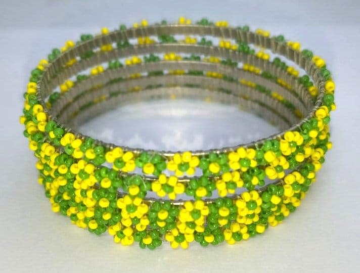 Green and Yellow Floral Beads Bangles(set of 4 )