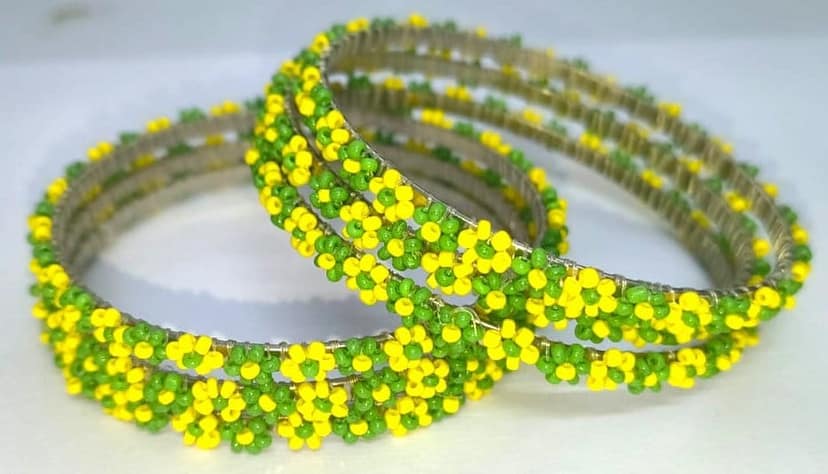 Green and Yellow Floral Beads Bangles(set of 4 ) view 4