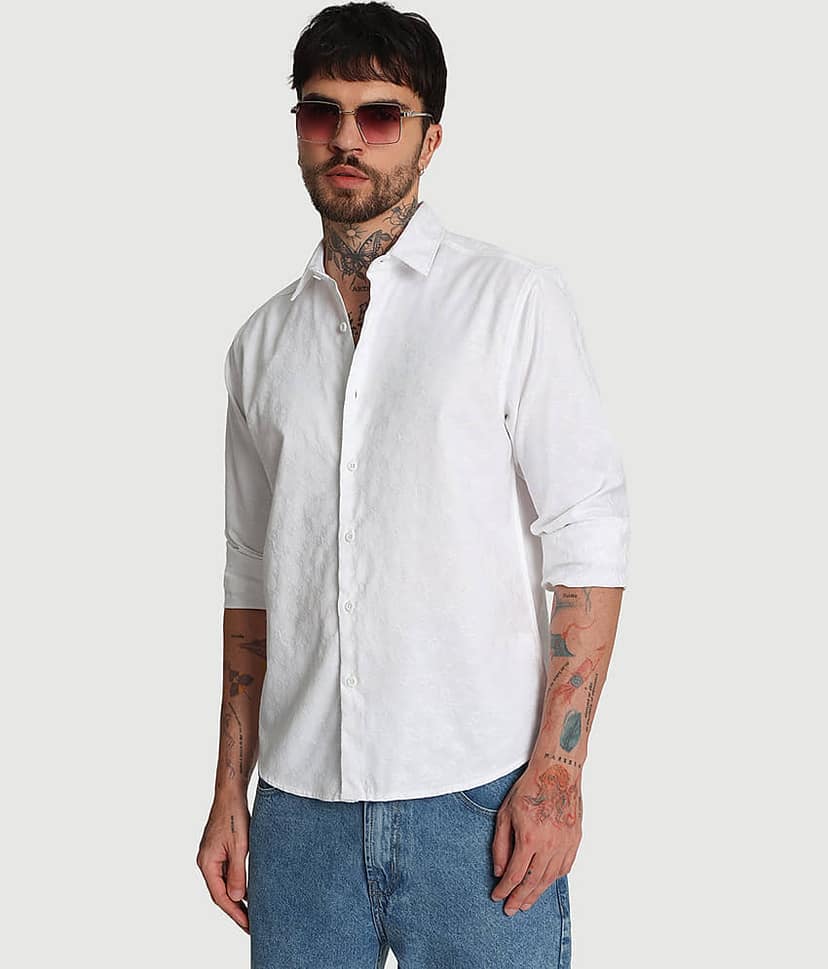 Bene Kleed Poly Cotton Regular Fit Self Design Full Sleeves Men's Casual Shirt - White ( Pack of 1 ) view 2