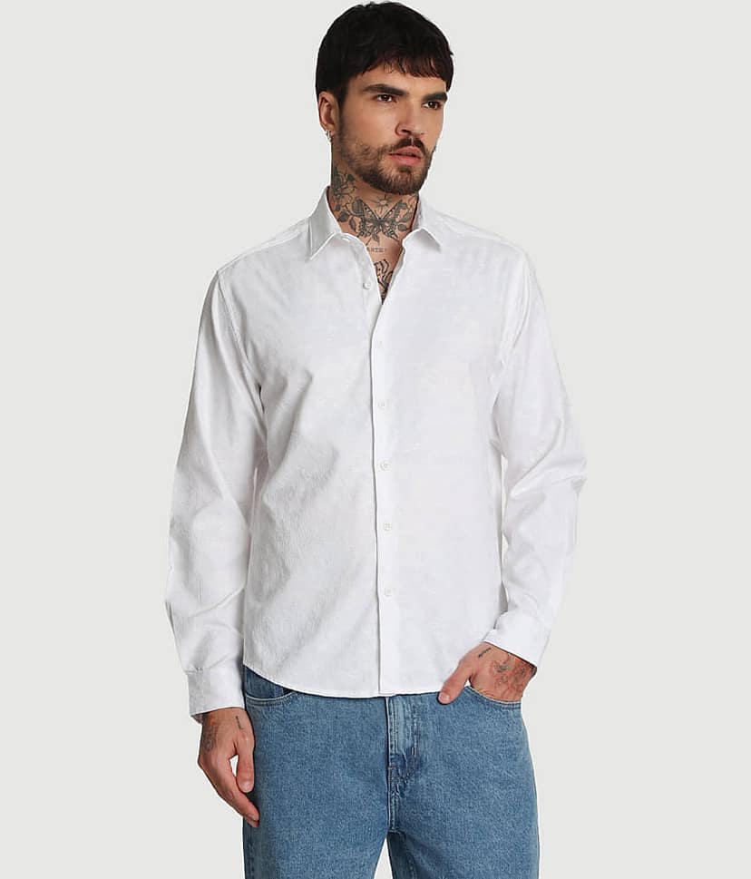Bene Kleed Poly Cotton Regular Fit Self Design Full Sleeves Men's Casual Shirt - White ( Pack of 1 ) view 4