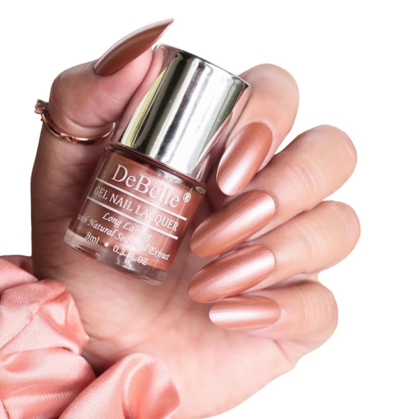 DeBelle Gel Nail Polish Roseate Gold (Metallic Rose Gold Nail Paint)|Non UV - Gel Finish |Chip Resistant | Seaweed Enriched Formula| Long Lasting|Cruelty and Toxic Free| 8ml DeBelle Gel Nail Polish Roseate Gold (Metallic Rose Gold Nail Paint)|Non UV - Ge