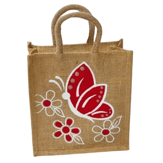 Eco-Friendly Jute Tote Bag with Red Butterfly & Floral Print | Reusable Gift Bag