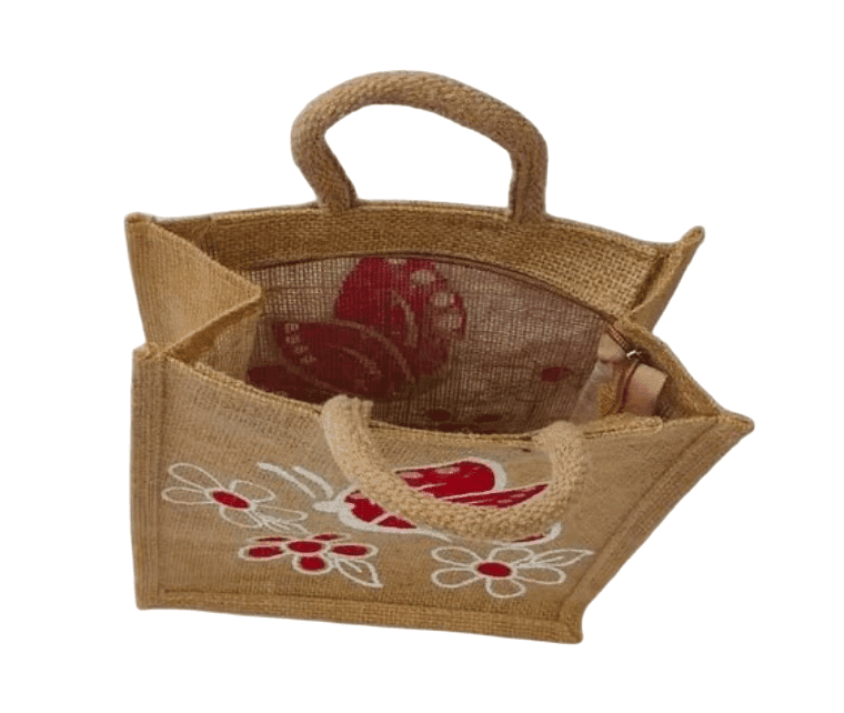 Eco-Friendly Jute Tote Bag with Red Butterfly & Floral Print | Reusable Gift Bag view 3