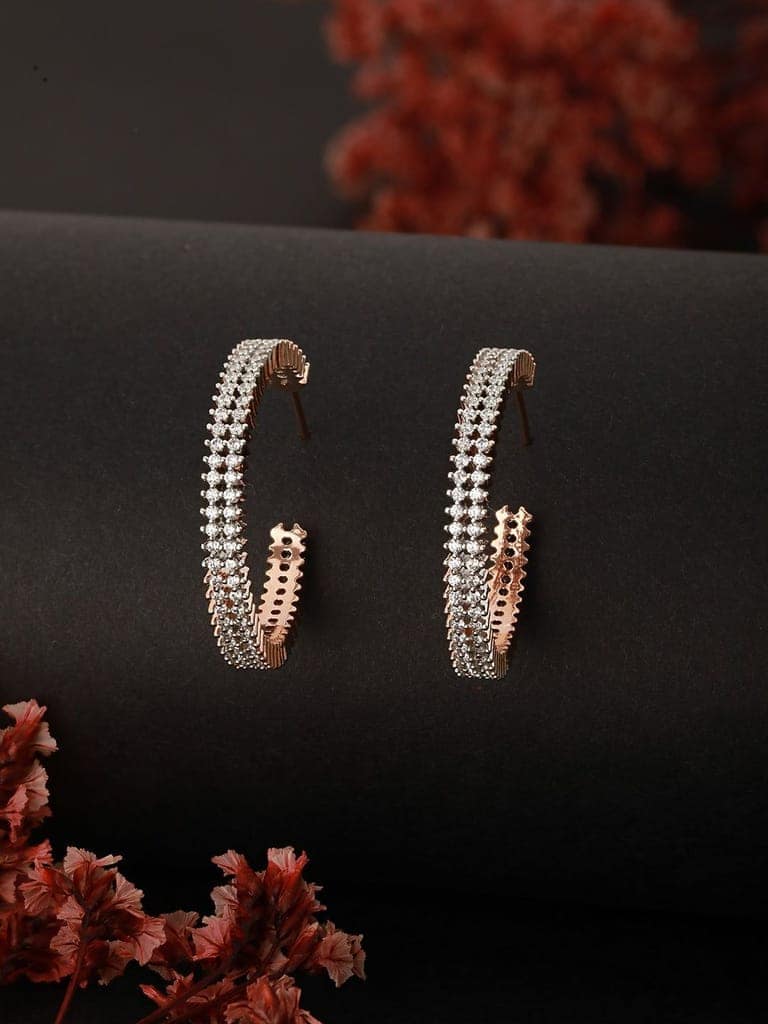 Rose Gold Plated Zircon Studded Minimal Hoop Earrings view 2