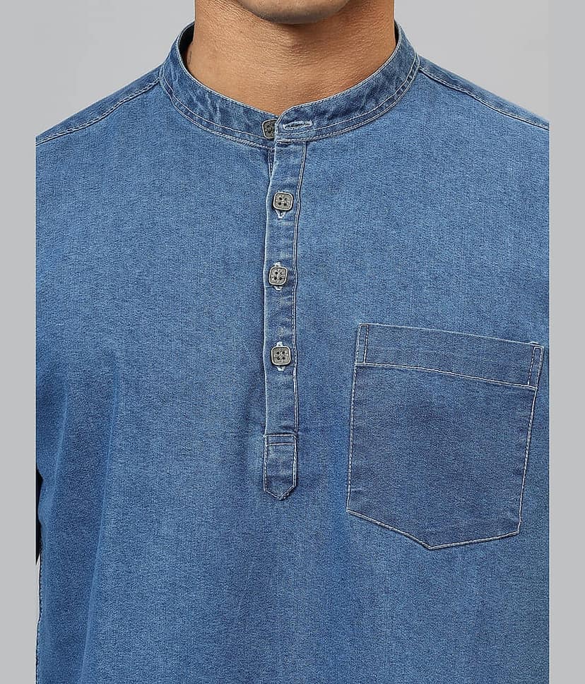 plounge Cotton Blend Plain Regular Kurta For Men ( Blue ) view 2
