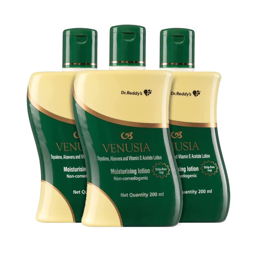 VENUSIA Dr. Reddy's Moisturizing Lotion | Soft and Hydrated Skin | For Dry to Very Dry Skin | Vitamin E, Squalene and Aloe Vera | 200 ml (Pack of 3) VENUSIA Dr. Reddy's Moisturizing Lotion | Soft and Hydrated Skin | For Dry to Very Dry Skin | Vitamin E,