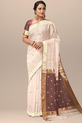 Beige Handwoven Diya Buti Maheshwari Silk with Zari Border Saree SKU-BS10056