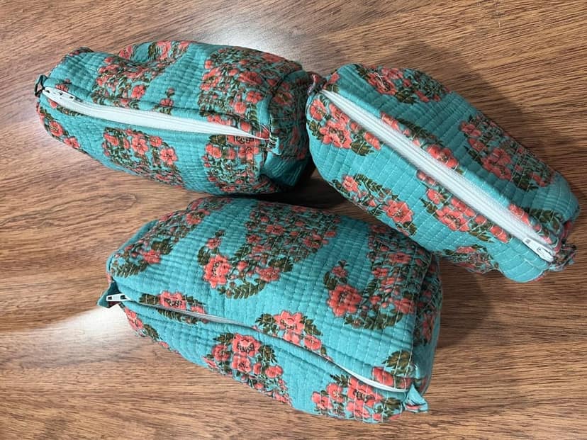 Quilted Cosmetic Bags Set, Turquoise with Coral Floral Print, Zippered Pouches, 3 Pieces
