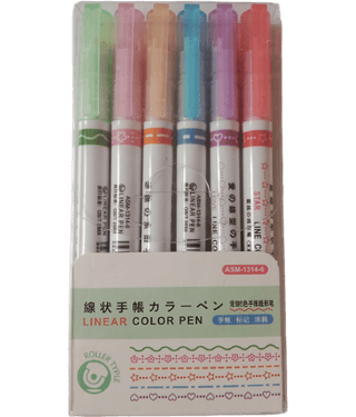 2360 YESKART- 6 PC Highlighter Pen Set, Linear Roller Color Pens, Dual Tip Pens with 6 Different Shapes Fine Tips, Colorful Pattern -
