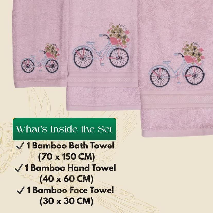 Mrijaa Luxury Bamboo Towel Set, Pink, 600 GSM, Vintage Bicycle Bliss, 3 Piece Set (Bath Towel-70x150cm, Hand Towel-40x60cm, Face Towel-30x30cm) view 4