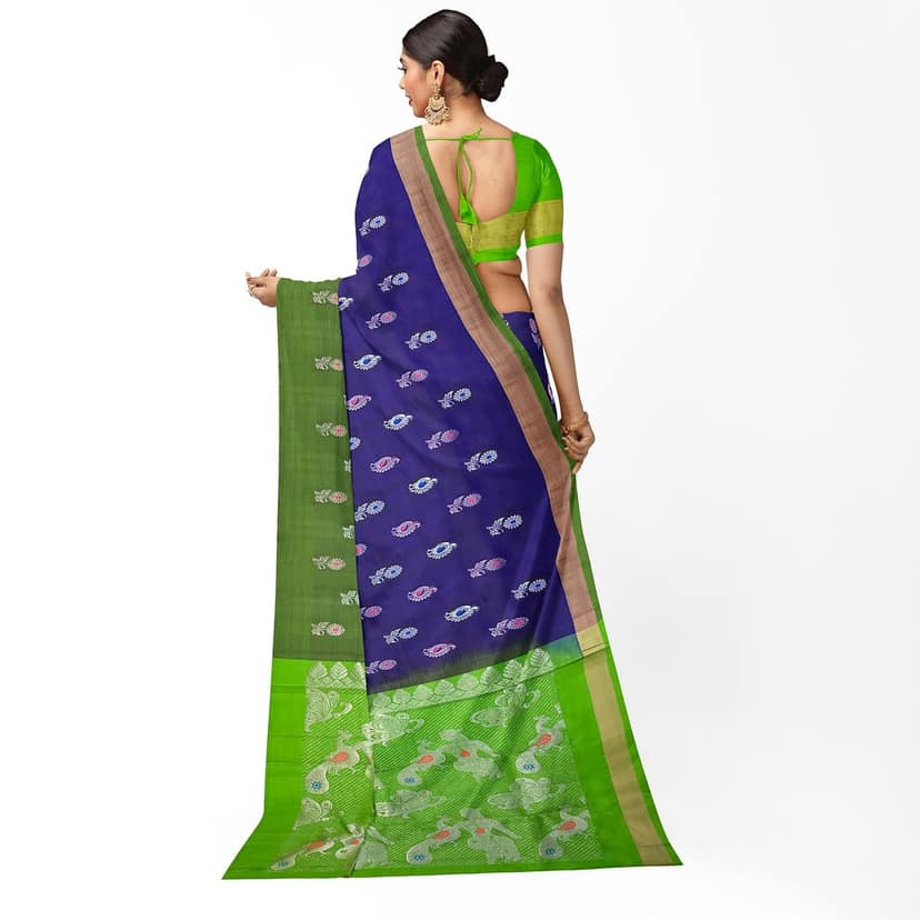 Dark Blue Color Long Border Beautiful Peacock & Floral Butta Kanjivaram Pure Silk Saree view 2