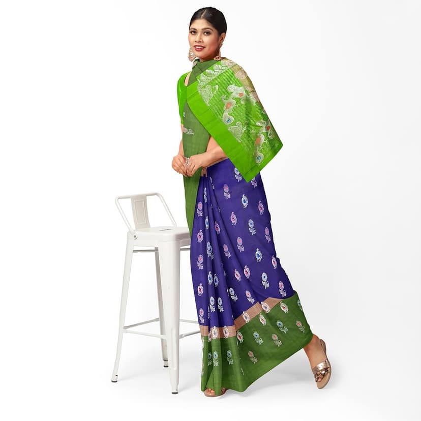 Dark Blue Color Long Border Beautiful Peacock & Floral Butta Kanjivaram Pure Silk Saree view 3