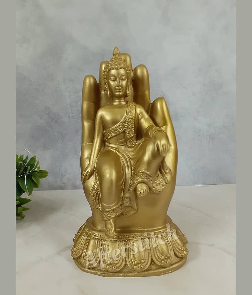 AFTERSTITCH Gautam Buddha Golden Palm Idol Statue for Home Office Living Room Table Decor Showpiece for Garden Decoration Sitting Big Size