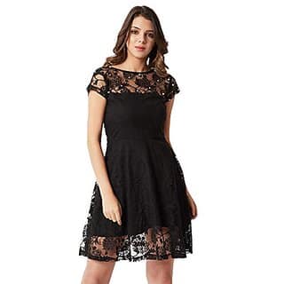 Miss Chase Womens Black Designer Round Neck Cap Sleeves Lace Solid Embellished Mini Skater Dress with Zip Closure