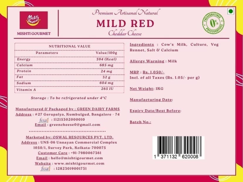 Mishti Gourmet Mild Red Cheddar 1kg view 2