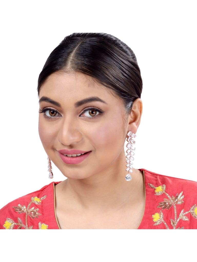 Rose Gold plated AD studded handcrafted dropdown Earrings for girls & women view 4
