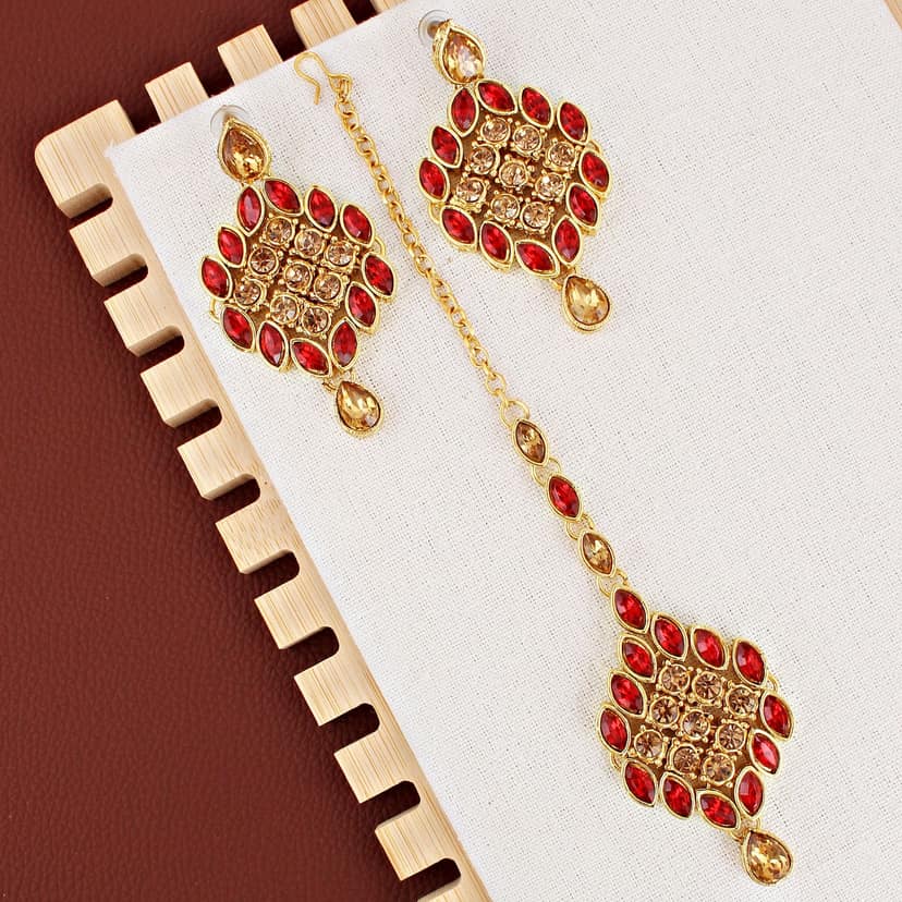 LUCKY JEWELLERY Designer Gold Plated Gold Red Color Stone Necklace Set For Women & Girls (825-L1SS-836-LCT-RED) view 5