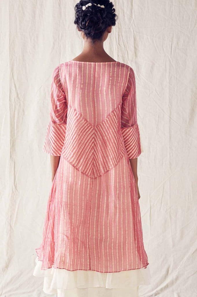 Dusted Pink Batik Layered Midi Dress On Handloom Kota Doria And Off White Checks Cotton Khadi Mulmul view 4