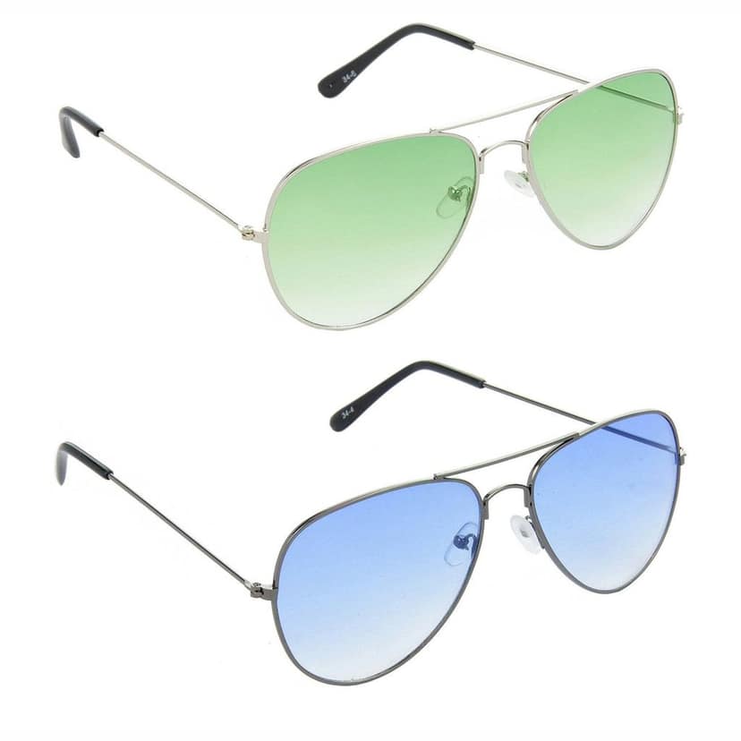 HRINKAR Men Women Boys & Girls Pilot & Rectangular Sunglasses Silver & Grey Frame, Green & Blue Lens (Medium) Pack of - 2