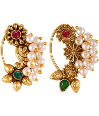 Vivastri's Premium & Elegant Peackock Style Cubic Zirconia Bead Studded Nose Rings For Women & Girls