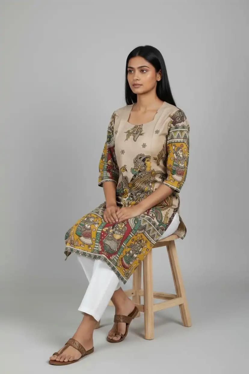 Pedana Kalamkari Screen-Print Cotton Kurti with Temple Border view 2