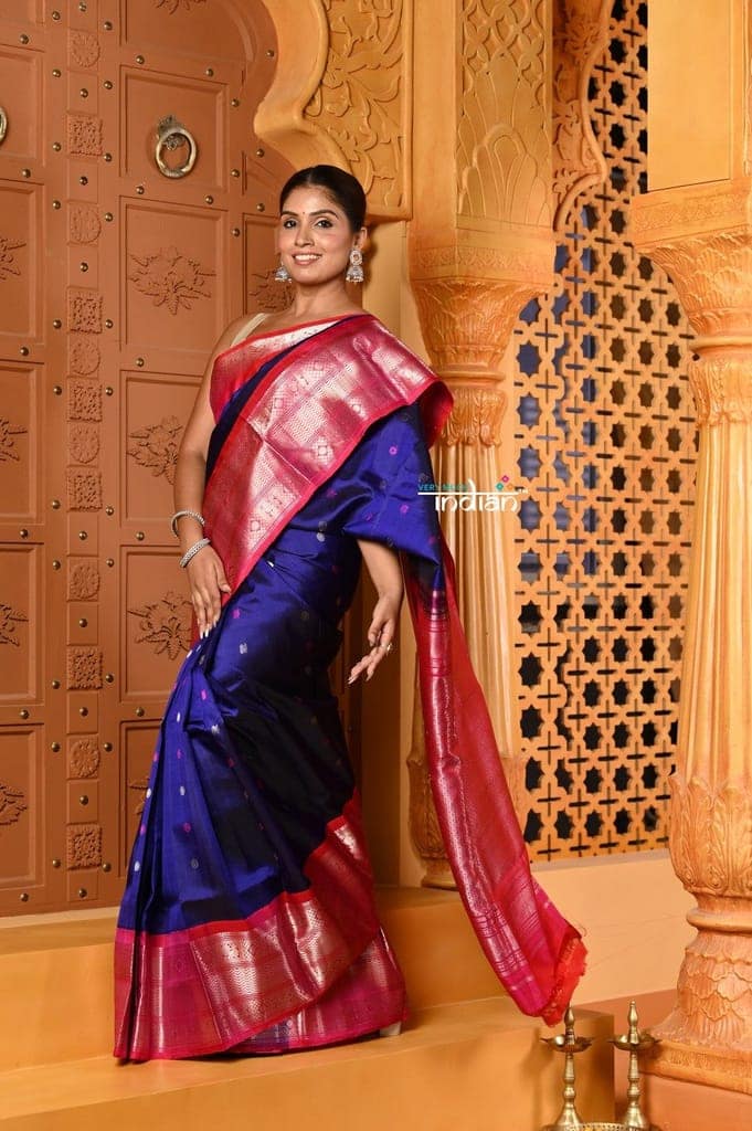 Shubh ~ Gadwal Pure Silk Handloom Saree in Royal Blue with Rose Pink view 2