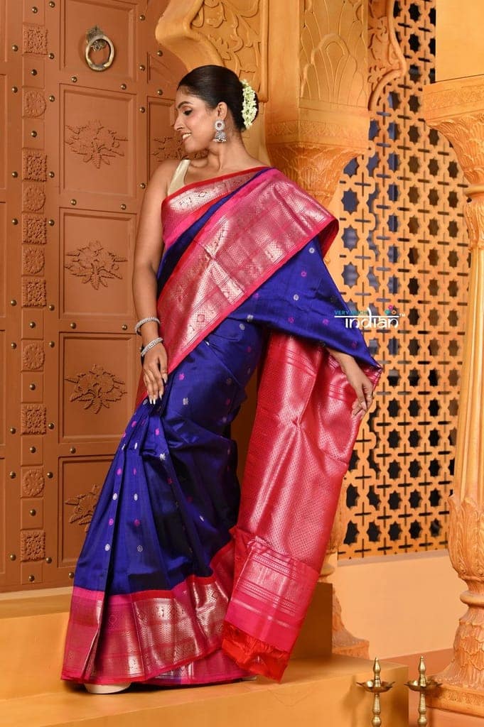 Shubh ~ Gadwal Pure Silk Handloom Saree in Royal Blue with Rose Pink view 3