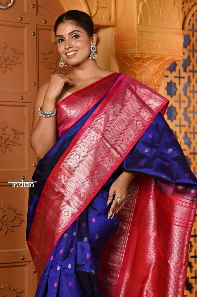 Shubh ~ Gadwal Pure Silk Handloom Saree in Royal Blue with Rose Pink view 5