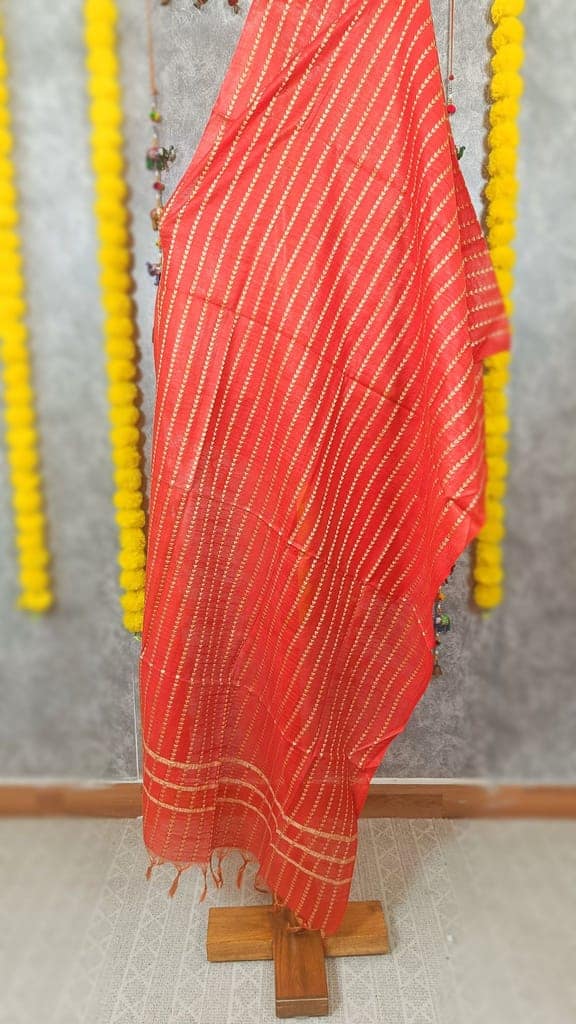 Katan Silk Banarasi Brocade Dupatta Tomato Red Color-4418 view 3