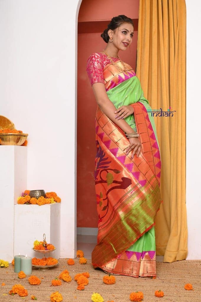 HERITAGE WEAVE ! Premium Handloom Pista Green Muniya Border Paithani With Grand Peacock Pallu view 2