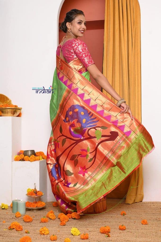 HERITAGE WEAVE ! Premium Handloom Pista Green Muniya Border Paithani With Grand Peacock Pallu view 3