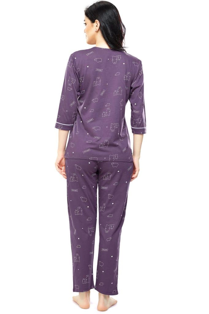 ZEYO Women's Cotton Blue Bear Printed Stylish Night suit set view 3