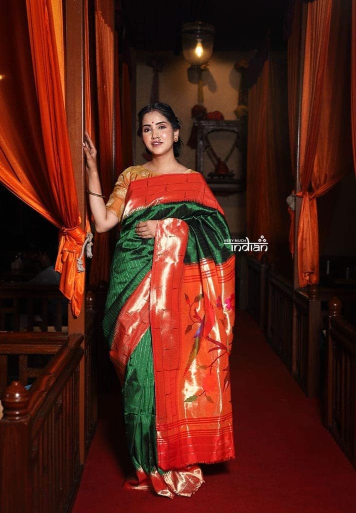 Exclusive Triple Muniya Border Paithani- Authentic Handloom Pure Silk Triple Muniya with Parrots Pallu - Zari Stripes (High Quality Silk) view 5