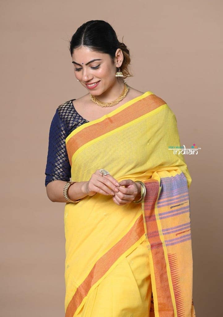 Rajsi~ Handloom Pure Cotton Paithani Without Zari and Most Traditional Pallu~ Yellow view 2