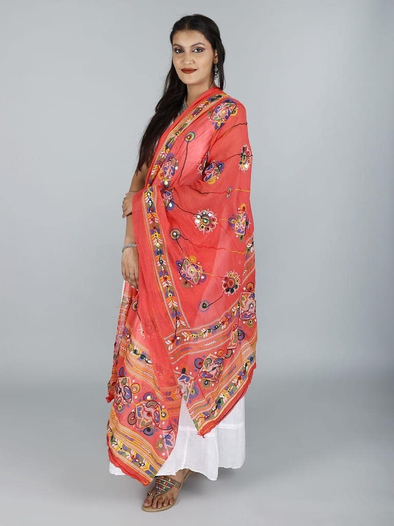 Bittersweet Printed Dupatta from Kutch with Hand-Embroidered Florals and Mirrors view 5