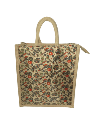 Eco-Friendly Jute Tote Bag with Traditional Art Print & Zipper Closure (Medium)