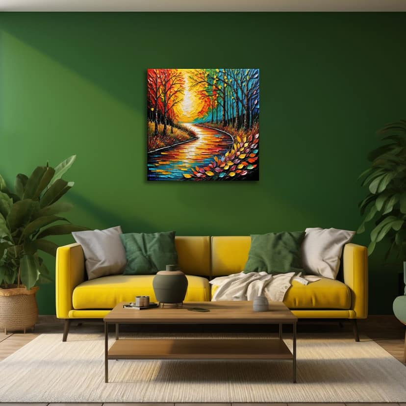AUTUMN FOREST RIVER PAINTING 24in X 24in WITH BLACK FRAME