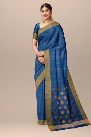 Royal Blue Morpankh Buta Handwoven Chanderi Saree With Golden Zari Border SKU -BS10086
