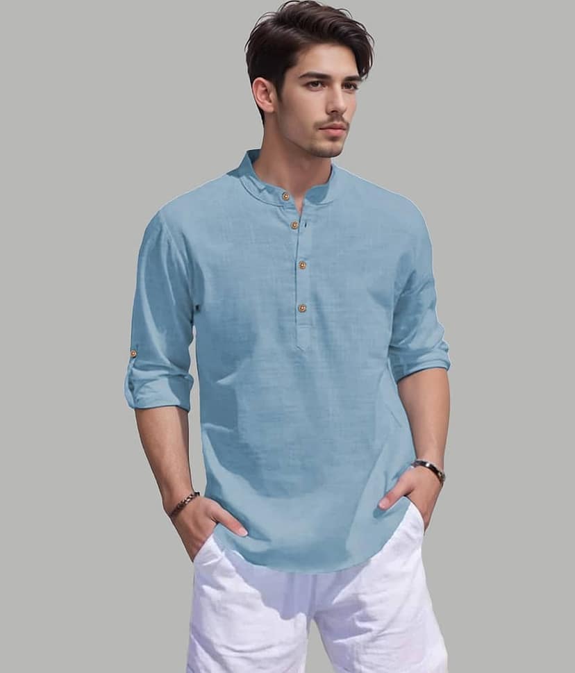 UNI VIBE Cotton Blend Plain Shirt Style Kurta For Men ( Gold )