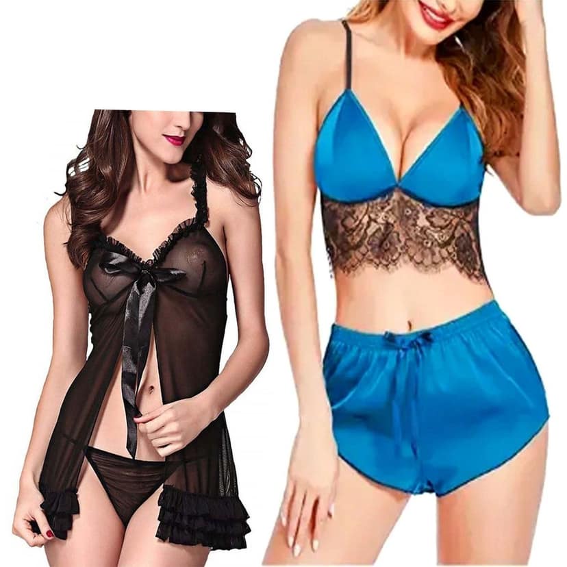 Babydoll Night dress with panty Stylish Nikar bra set for women girls Combo Pack 2 view 5