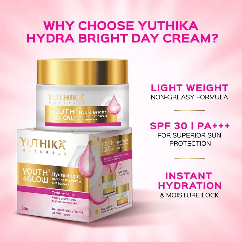 Yuthika Youth & Glow Hydra Bright Radiant Day Cream 50g, SPF30 PA+++ Dermatologically Tested, Tayberry Active Face Cream view 6