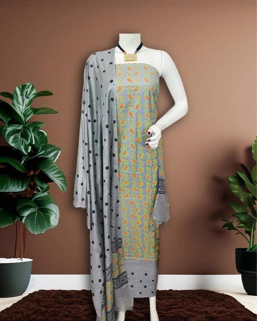 Katan Silk Suit Piece Grey Color Handcrafted with Bottom and Dupatta-3947 view 2