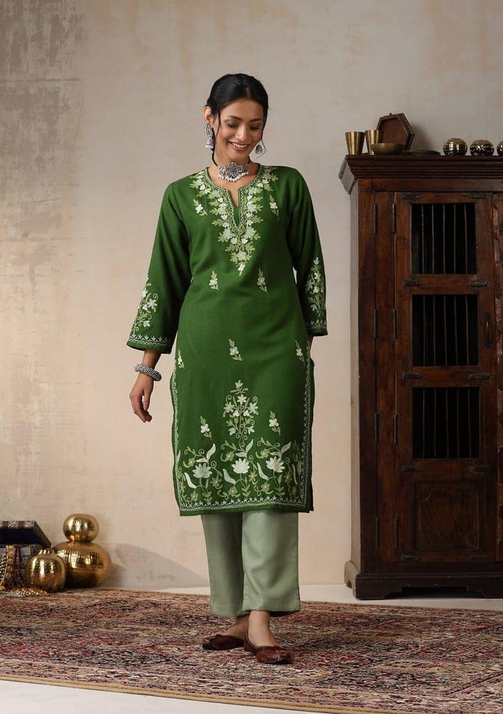 HOC Crafts Aari Embroidered Woollen Solid Women's Long Kurta -Green view 3