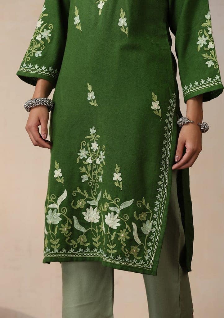 HOC Crafts Aari Embroidered Woollen Solid Women's Long Kurta -Green view 6