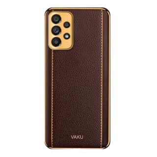 Vaku Back Cover for Samsung Galaxy A32| Luxemberg Series Leather Stitched Gold Electroplated Soft TPU Cover| Shockproof Protective Case (Brown)