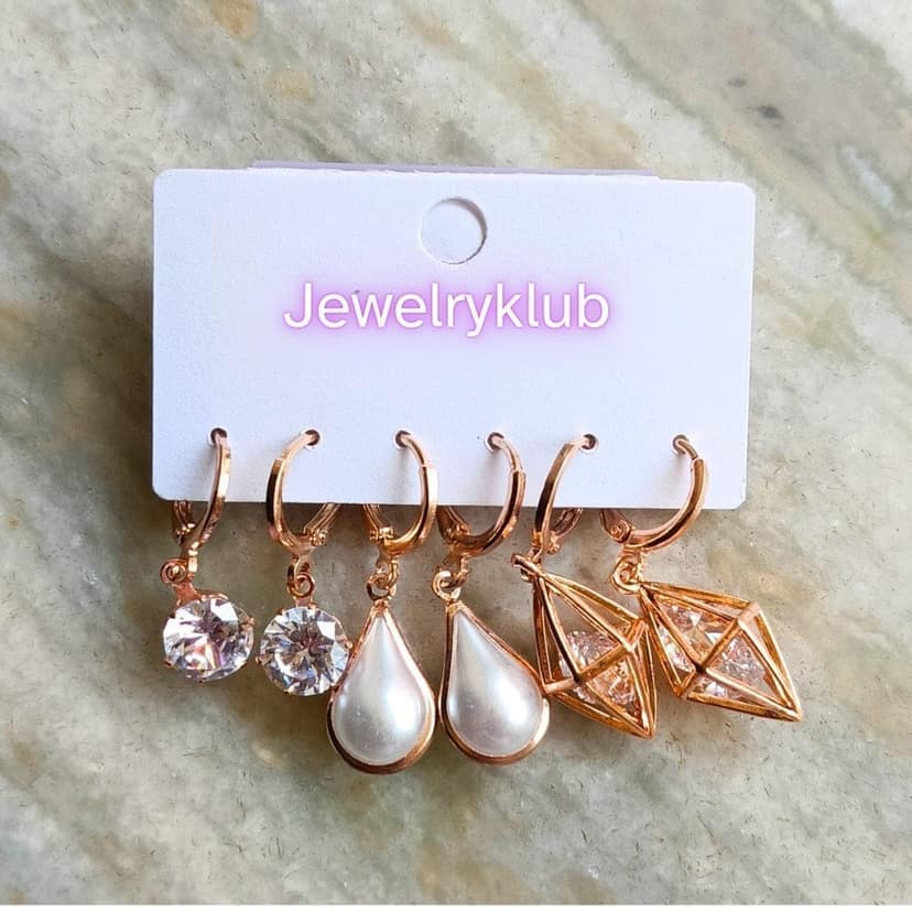 Jewelryklub Combo Of 3 Pairs Rose Gold Plated Zircon Studded AD Earrings For Girls Women Design 5 view 4