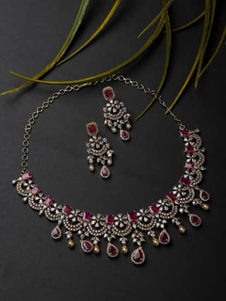 Cardinal Gold Plated Ruby Color Stone American Diamond Brass Necklace Set