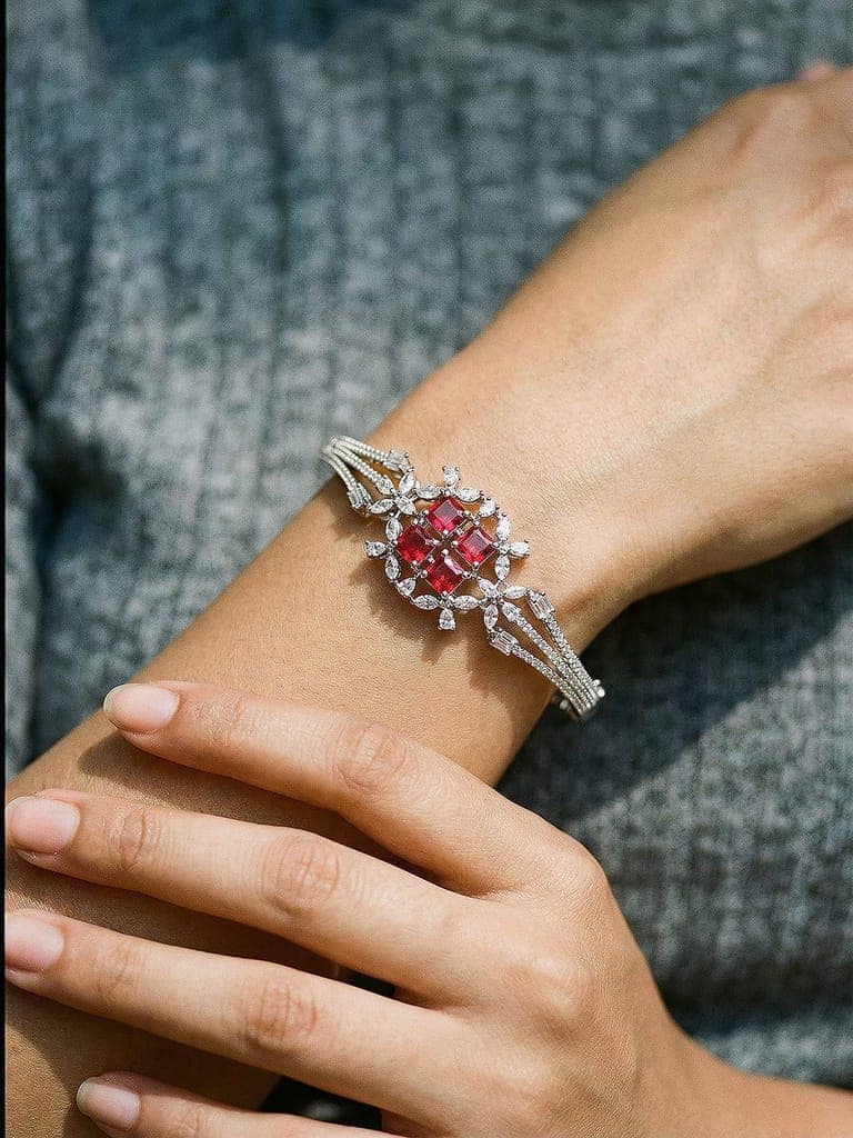 Silver Plated Ruby Red Cubic Zirconia Geometric Luxe Bridal Kada Bracelet view 2