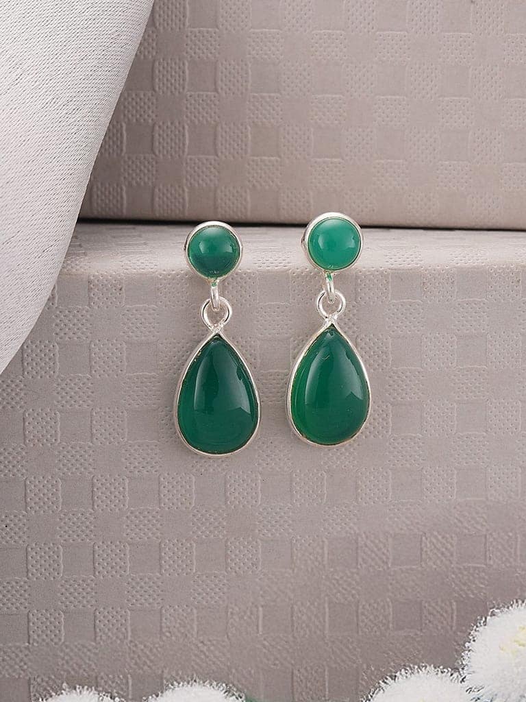 925 Sterling Silver Green Onyx Stone Studded Minimal Boho Chic Drop Earrings